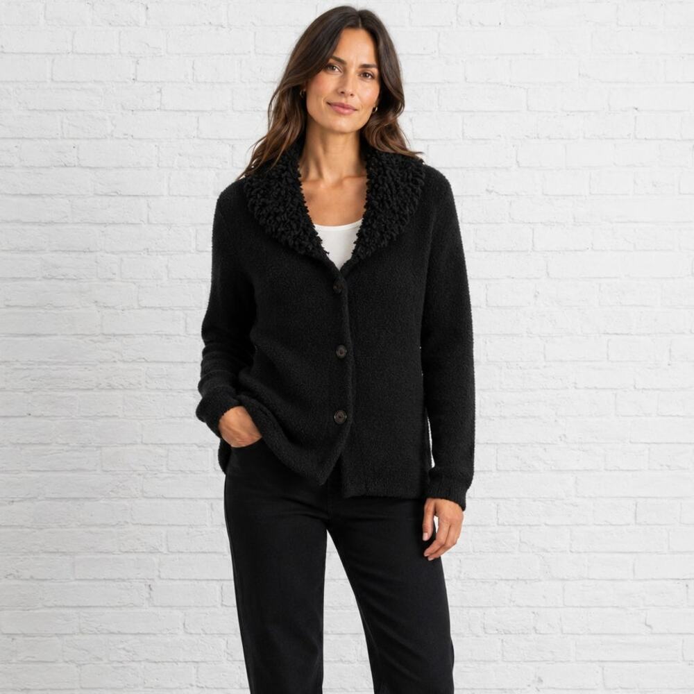 Vintage Michael Simon Cardigan Sweater Size L Black Shag Loop Knit Button Y2K